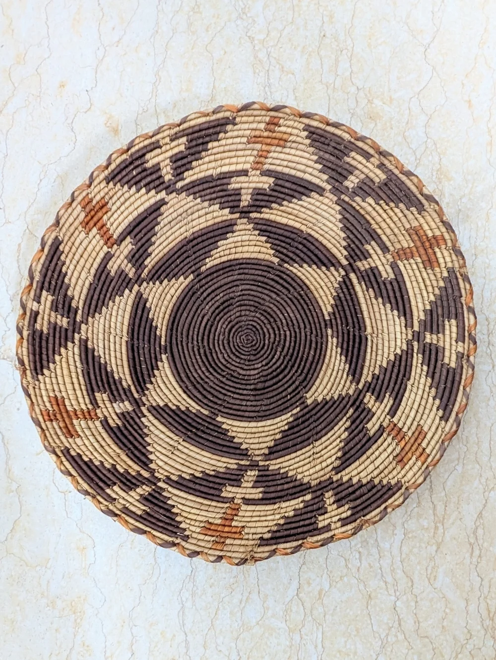 Vintage Tohono O'odham Flat Hand Woven Round Basket Tray Mid Century